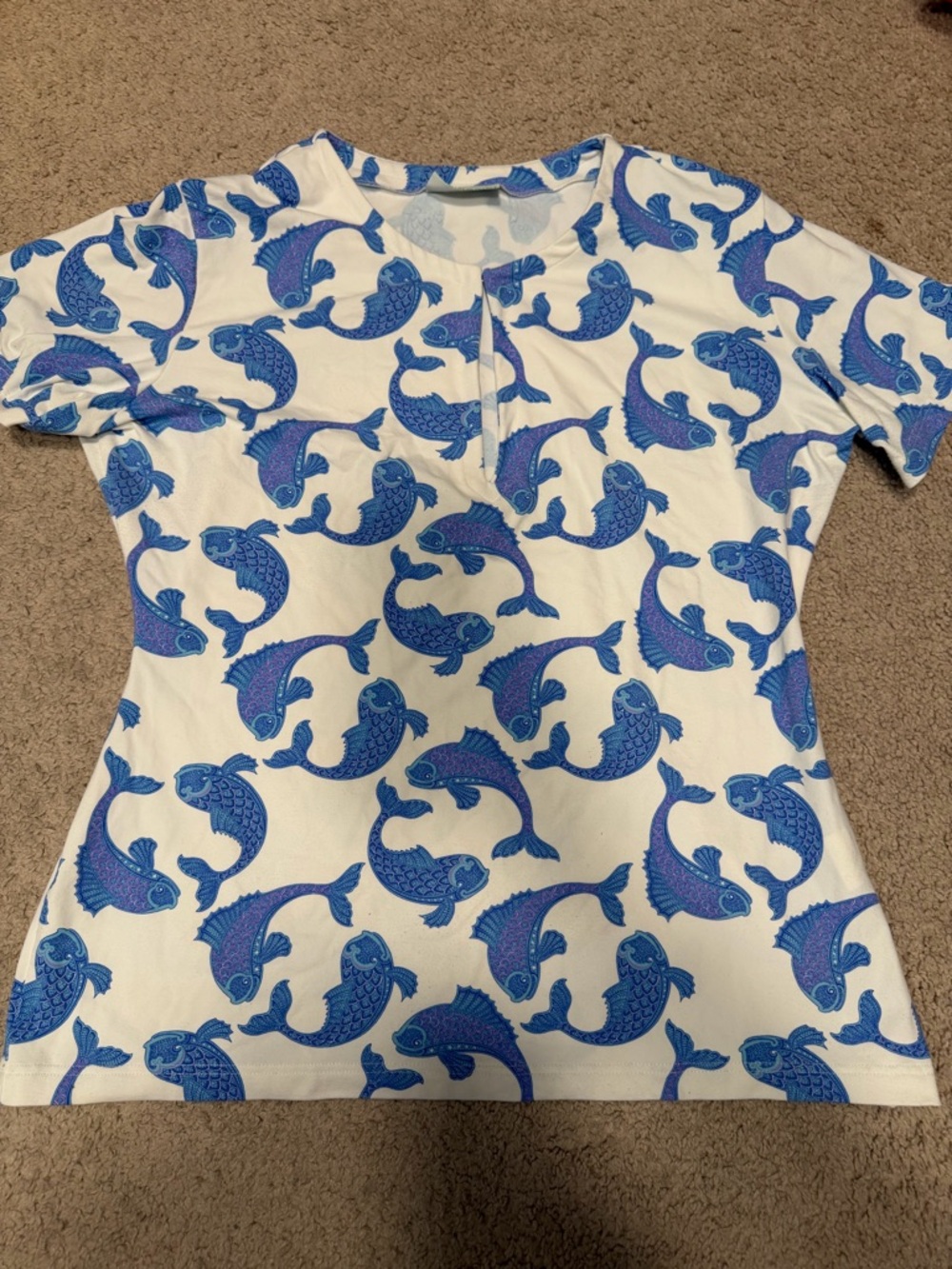 White Short-Sleeve Tee with Blue Fish Print
